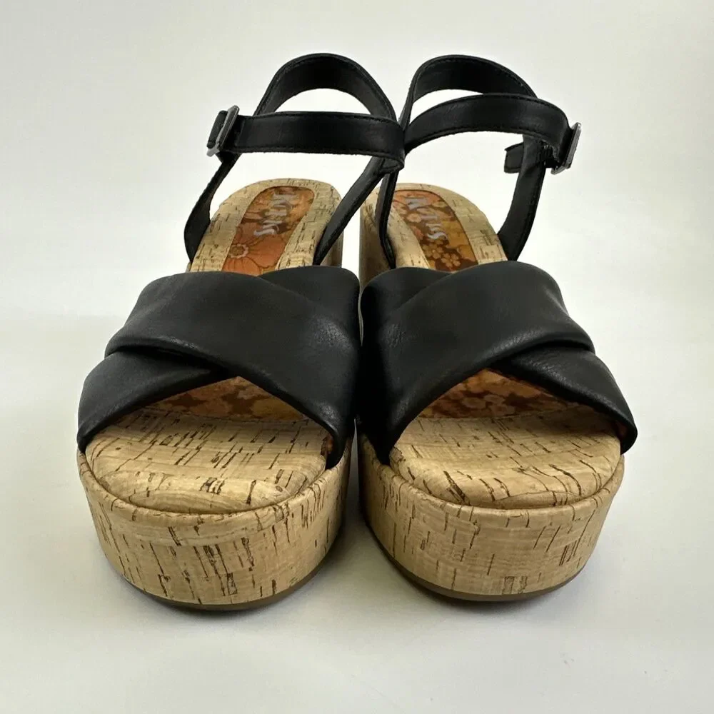 Korks Calda‎ Platform Sandal Black Leather Ankle Buckle Strap Cork Heel Womens 7